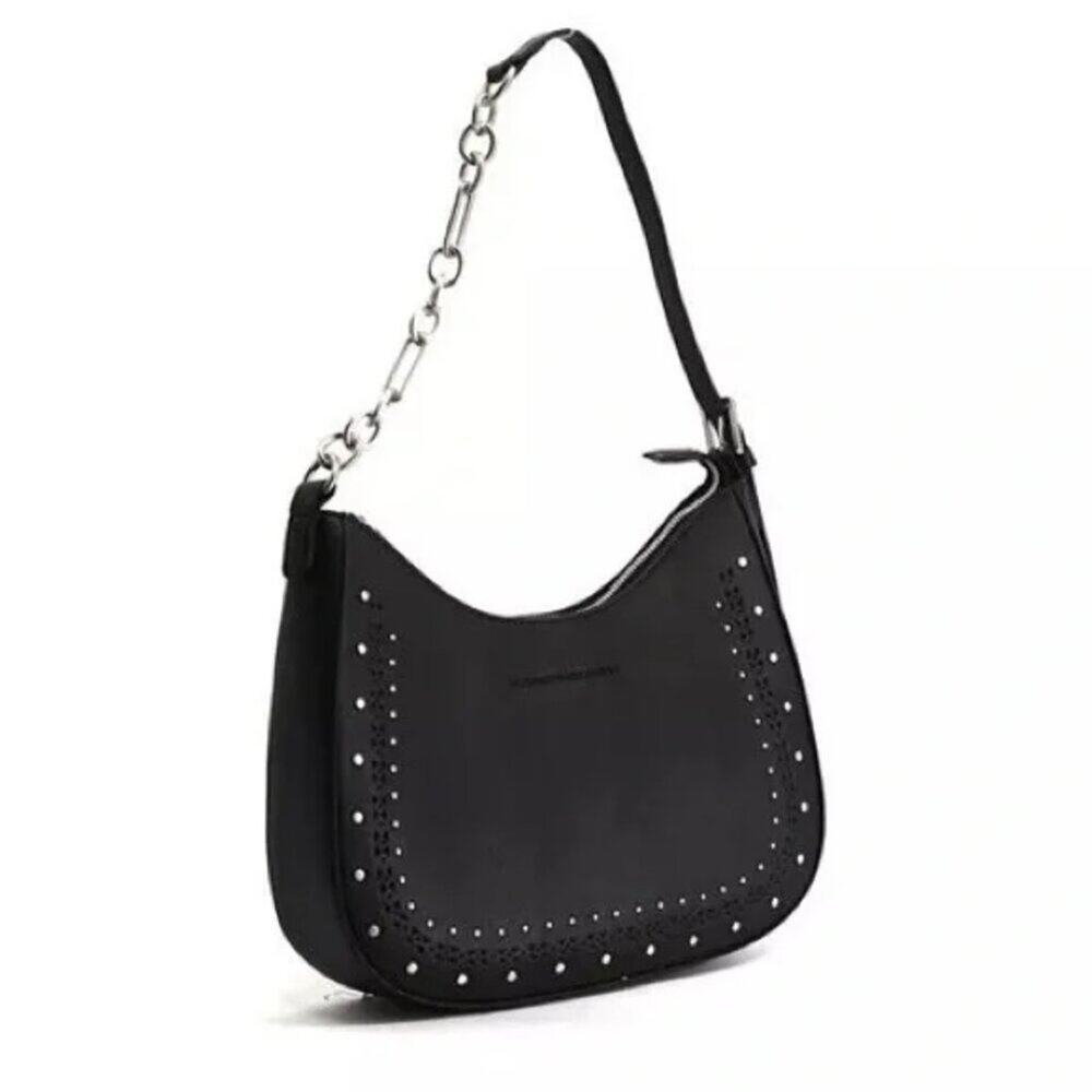 French Connection Elena Moon Shape Shoulder Bag Black Studs Silvertone Zip Close - Picture 1 of 11
